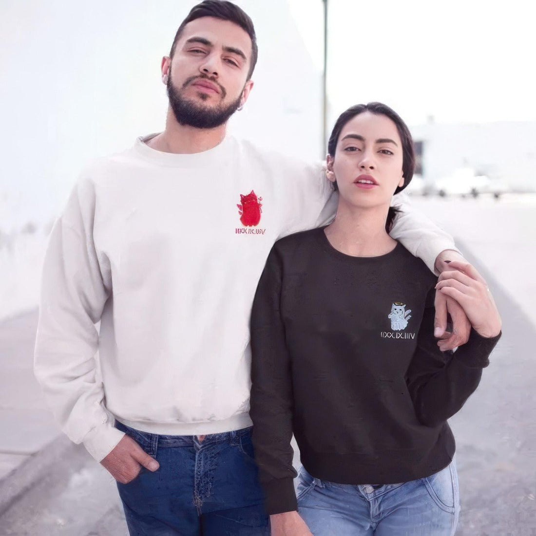Custom Matching For Couples With Names, Angel and Devil Couples Sweatshirt, Couple Embroidery Sweatshirt CM_C102