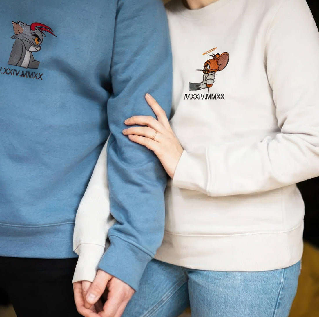 Custom Couple Cartoon Characters, Funny Cat and Mouse Couples Sweatshirt, Couple Embroidery Sweatshirt CM_C04