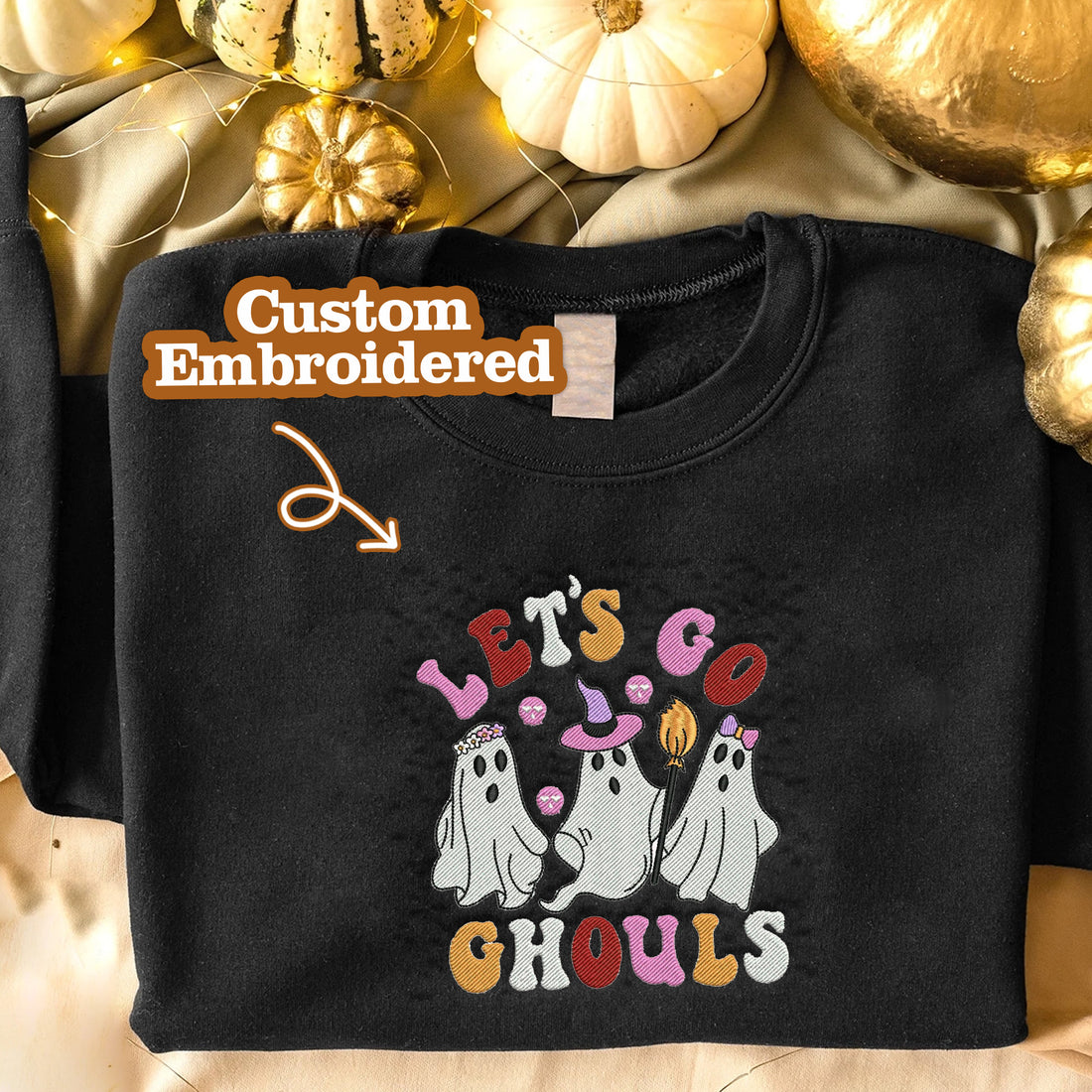 Let's Go Ghouls Three Ghosts Halloween Embroidery Sweatshirt, Halloween Embroidery Sweatshirt HLW_M1239