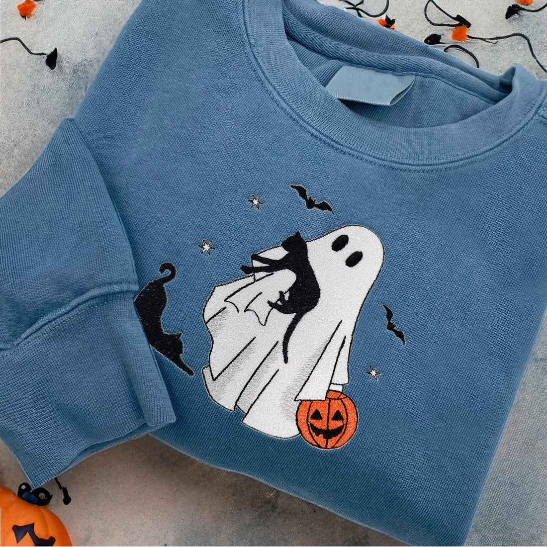 Ghost with Two Cat Halloween Sweatshirt, Halloween Embroidery Sweatshirt HLW_M349