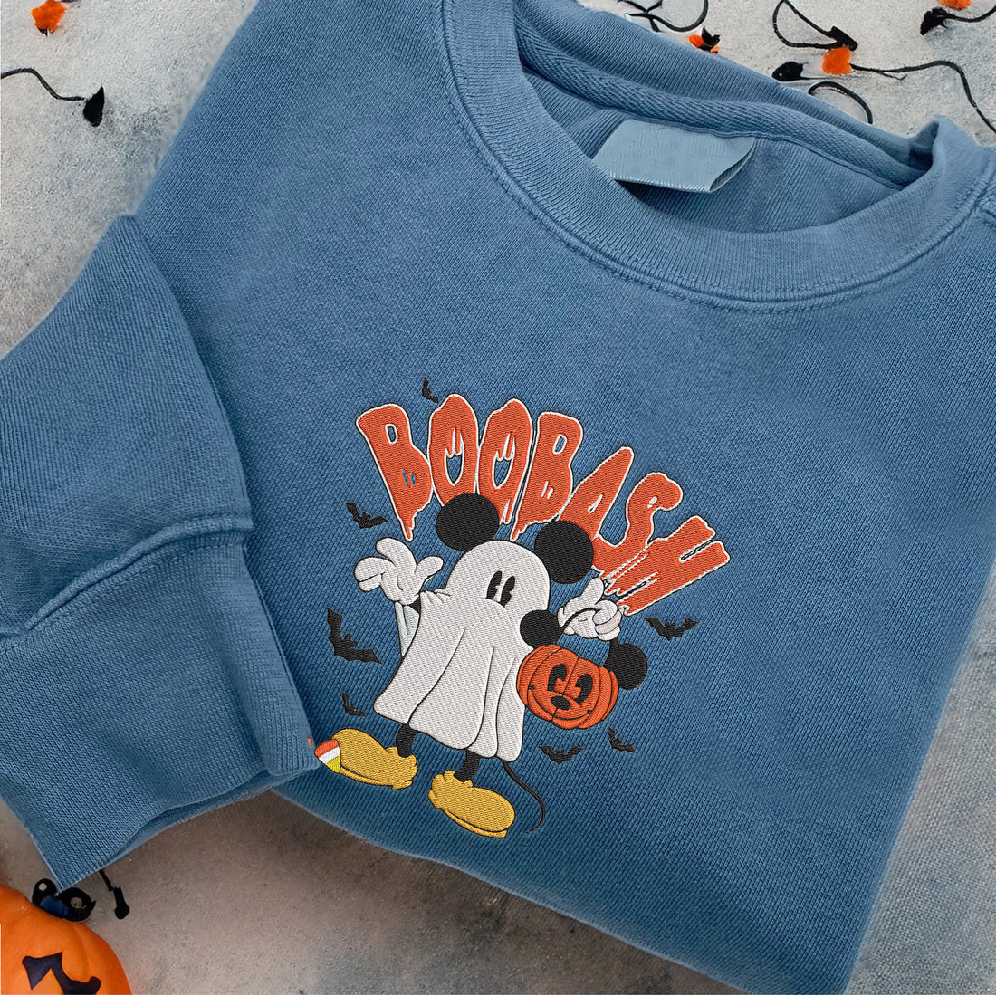 Boobash Mouse Ghost Carry Pumpkin Halloween Embroidery Sweatshirt, Halloween Embroidery Sweatshirt HLW_M955