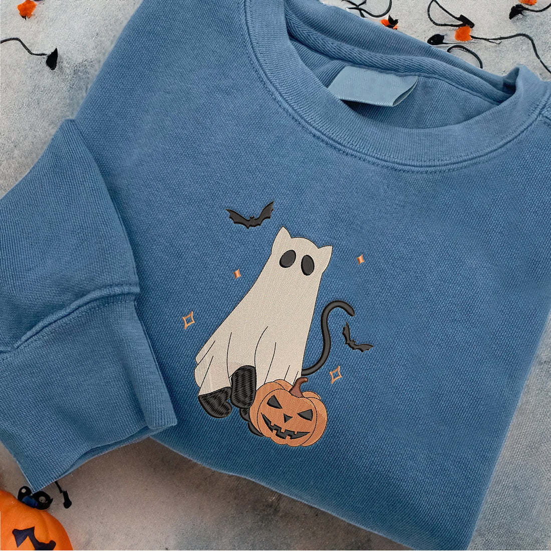 Ghost Cat Pumpkin Embroidery Sweatshirt, Halloween Embroidery Sweatshirt HLW_M357