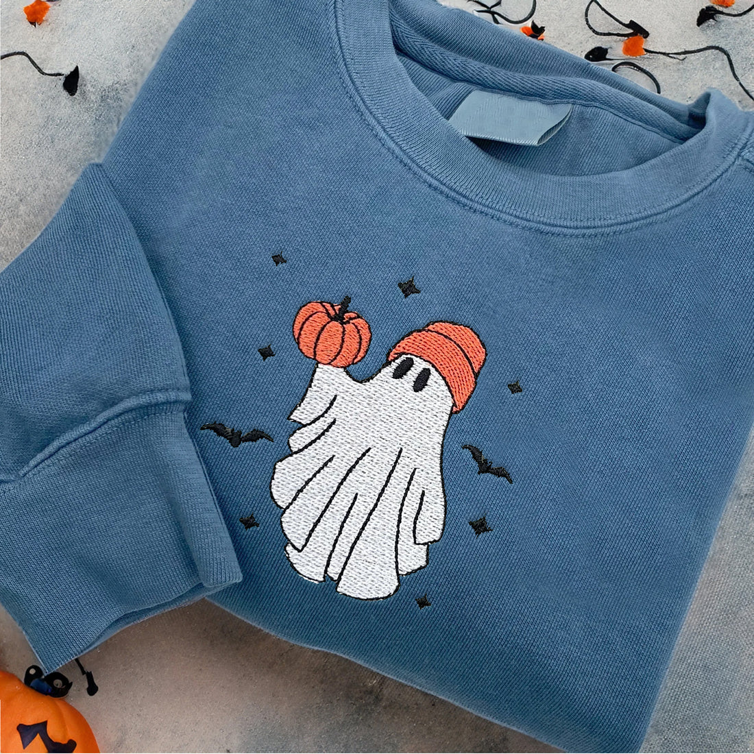 Embroidered Pumpkin Ghost Sweatshirt, Halloween Embroidery Sweatshirt HLW_M363