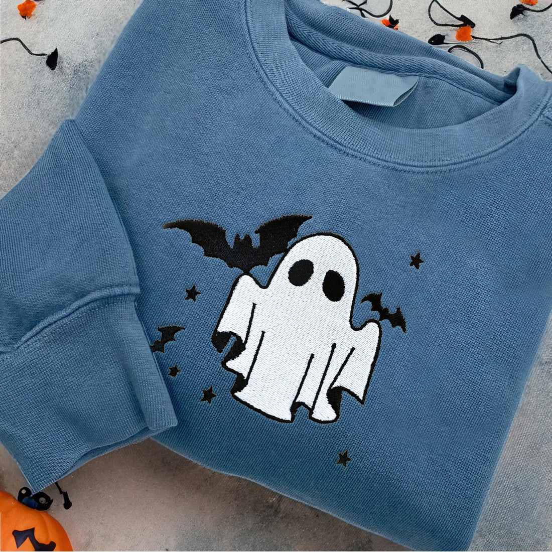 Ghost with Bat Halloween Sweatshirt, Halloween Embroidery Sweatshirt HLW_M370