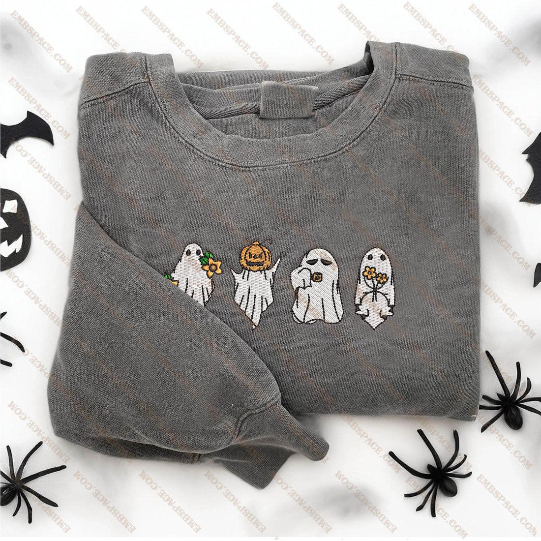 Floral Ghost In Pumpkin Embroidery Sweatshirt, Halloween Embroidery Sweatshirt HLW_M1556