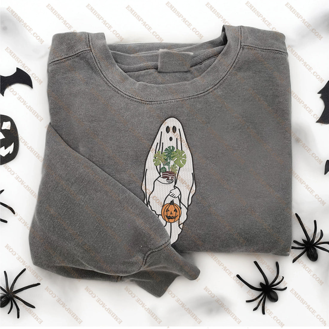 Ghost Holding Flower Pot And Pumpkin Embroidery Sweatshirt, Halloween Embroidery Sweatshirt HLW_M1548