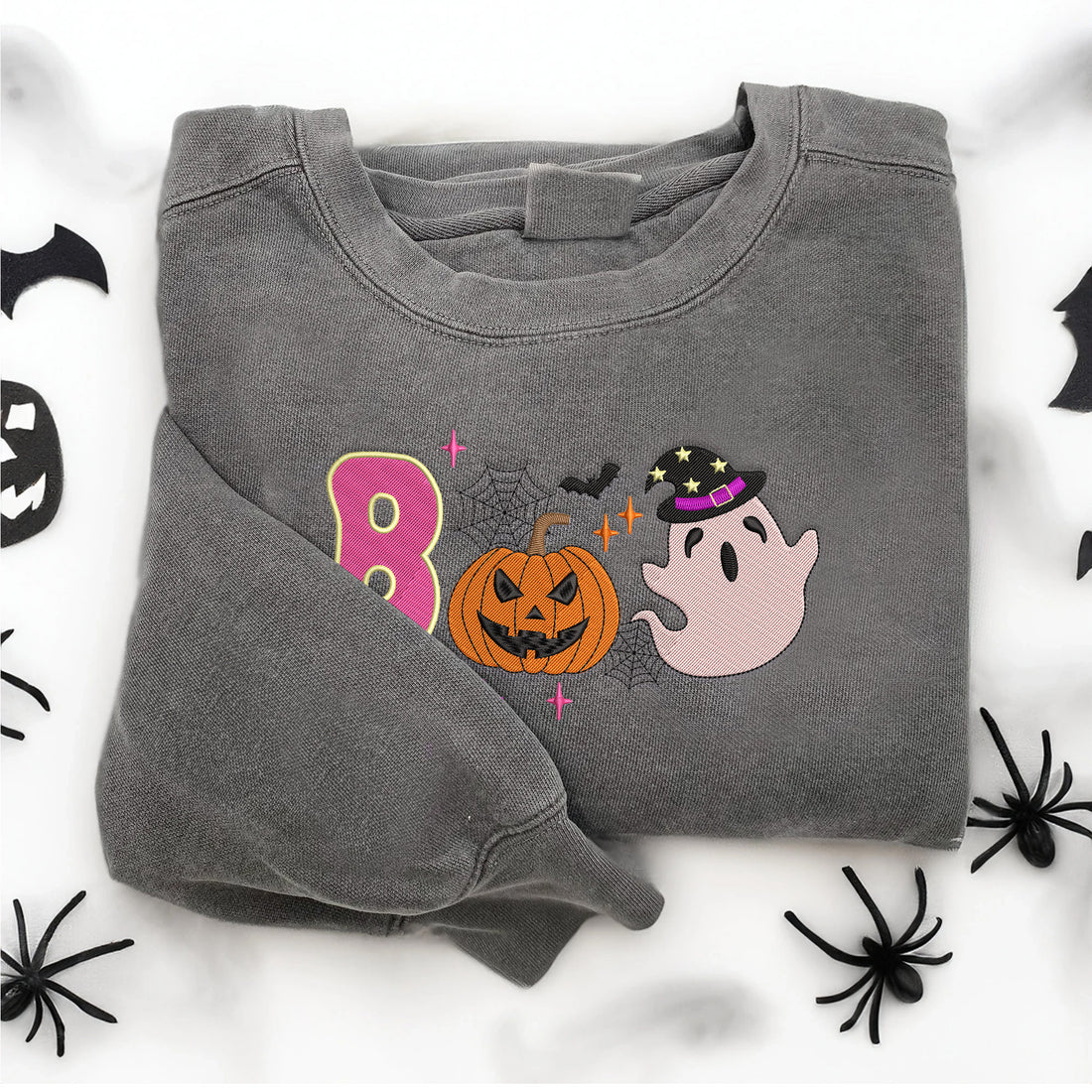 Cute Floral Ghost and Pumpkin Embroidery Sweatshirt, Halloween Embroidery Sweatshirt HLW_M1494