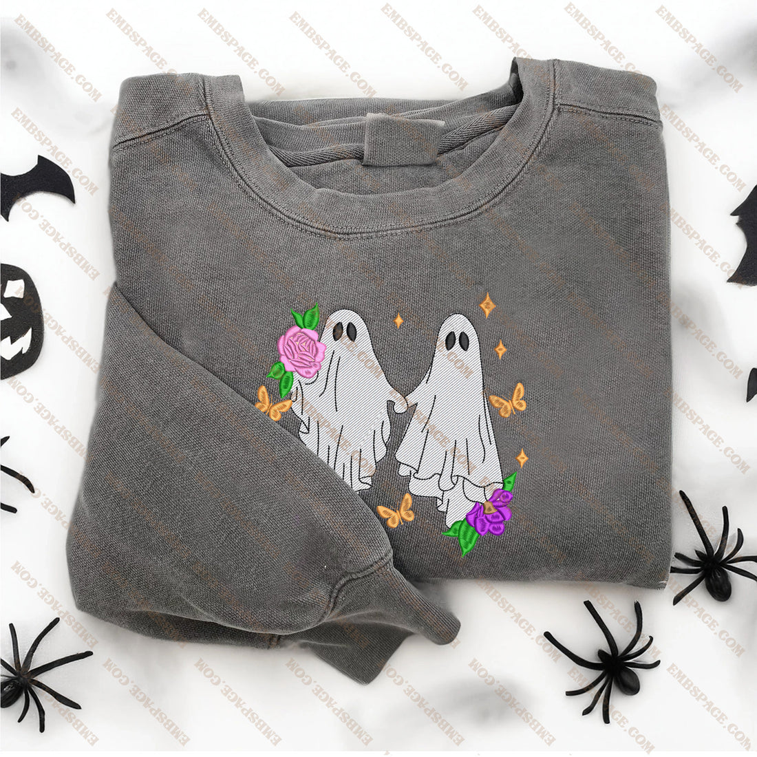 Retro Butterfly Floral Ghost Embroidery  Sweatshirt, Halloween Embroidery Sweatshirt HLW_M1542