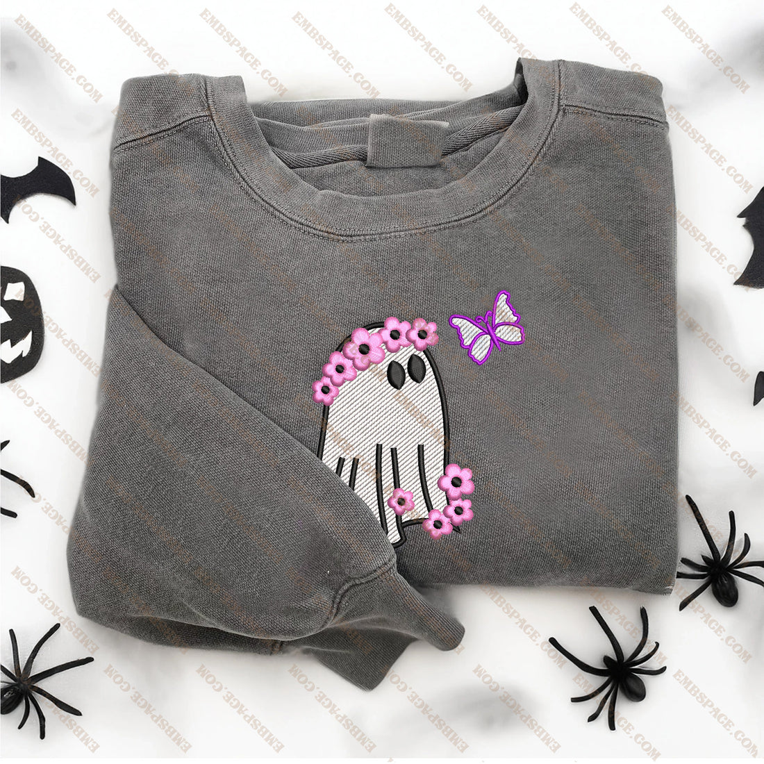 Retro Pink Floral Ghost Embroidery  Sweatshirt, Halloween Embroidery Sweatshirt HLW_M1543