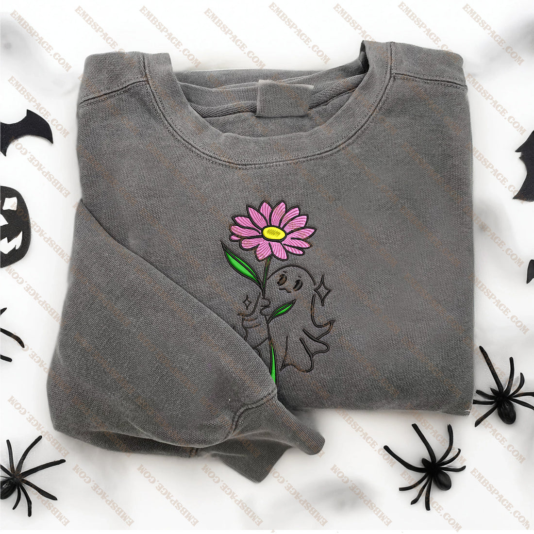 Cute Ghost Holding Flowers and Pumpkin Embroidery Sweatshirt, Halloween Embroidery Sweatshirt HLW_M1547