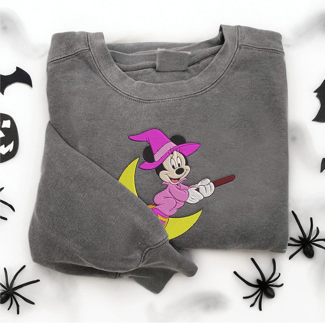 Mouse Fly Broom Moon Embroidery Sweatshirt, Halloween Embroidery Sweatshirt HLW_M978