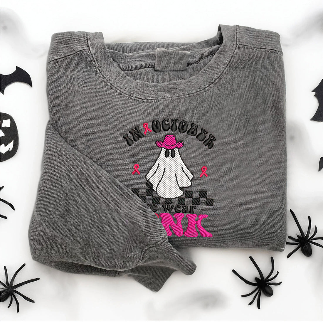 In October We Wear Pink Embroidery Sweatshirt, Halloween Embroidery Sweatshirt HLW_M1226