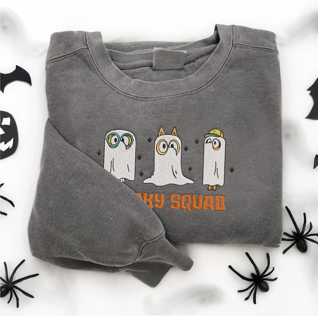 Spooky Squad Three Blue Dogs Halloween Embroidery Sweatshirt, Halloween Embroidery Sweatshirt HLW_M1275