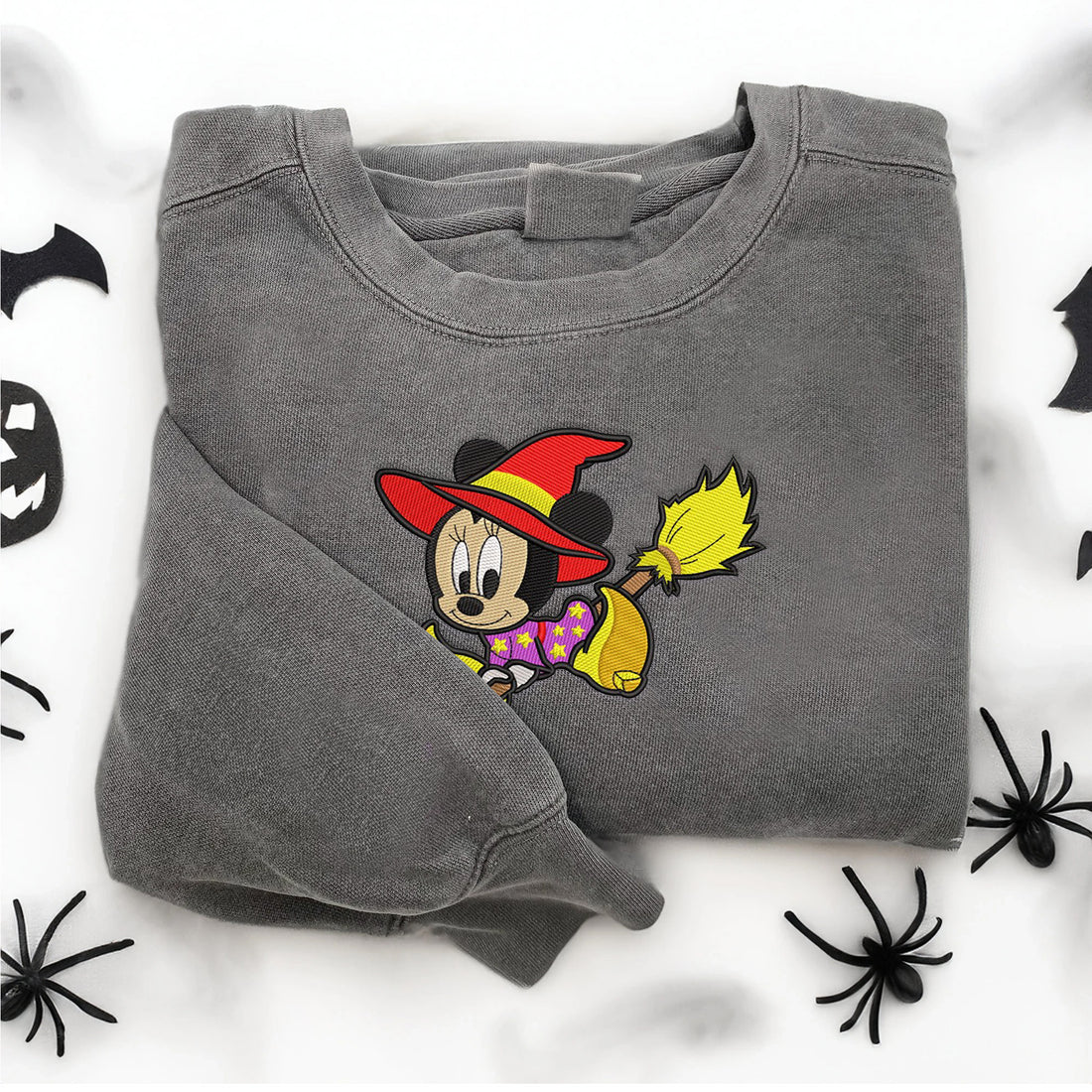Cartoon Mouse Character Fly Broom Halloween Embroidery Sweatshirt, Halloween Embroidery Sweatshirt HLW_M1485