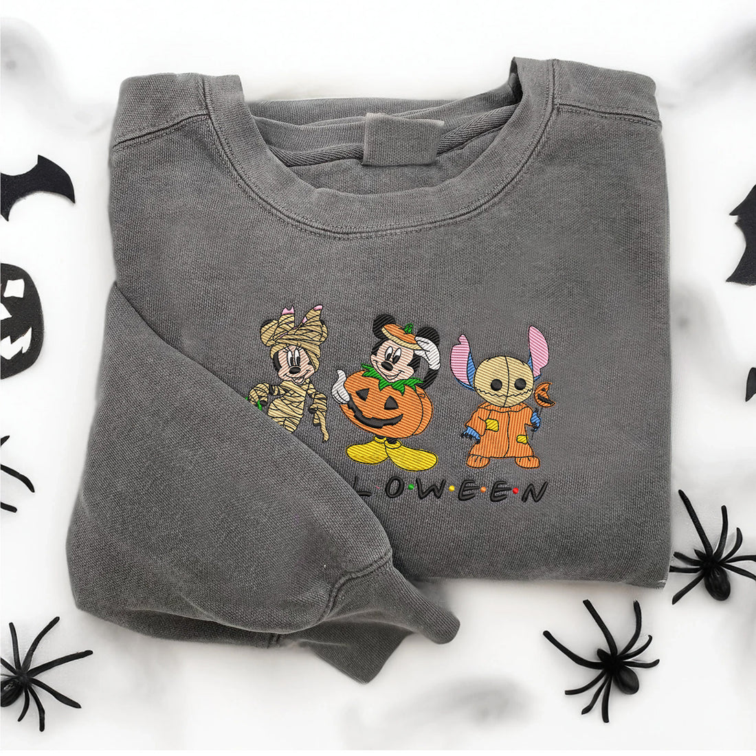 Cartoon Blue Monster And Mouse in Pumpkin Halloween Embroidery Sweatshirt, Halloween Embroidery Sweatshirt HLW_M1488