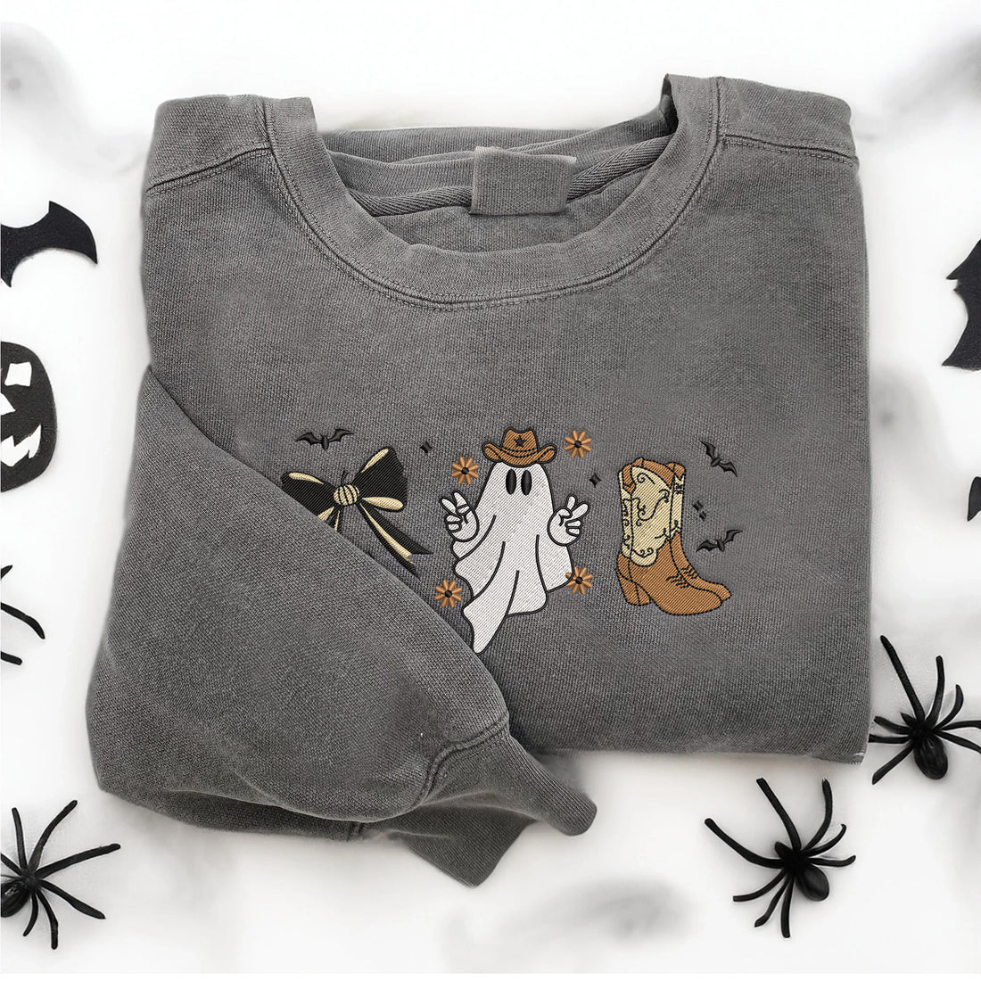 Halloween Cute Ghost Bow Tie and Shoes Embroidery Sweatshirt, Halloween Embroidery Sweatshirt HLW_M1496