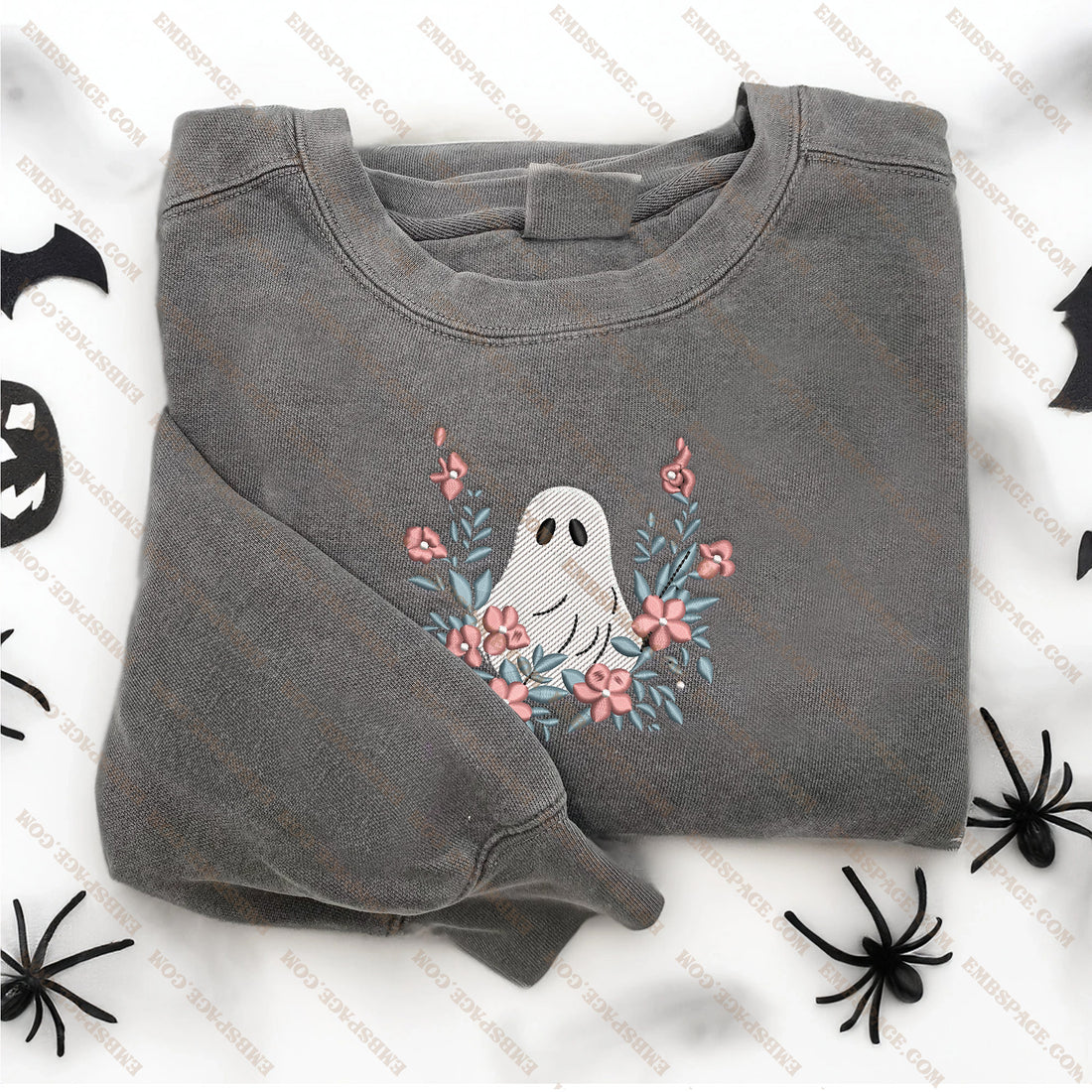 Funny Flower Ghost Embroidery Sweatshirt, Halloween Embroidery Sweatshirt HLW_M1545
