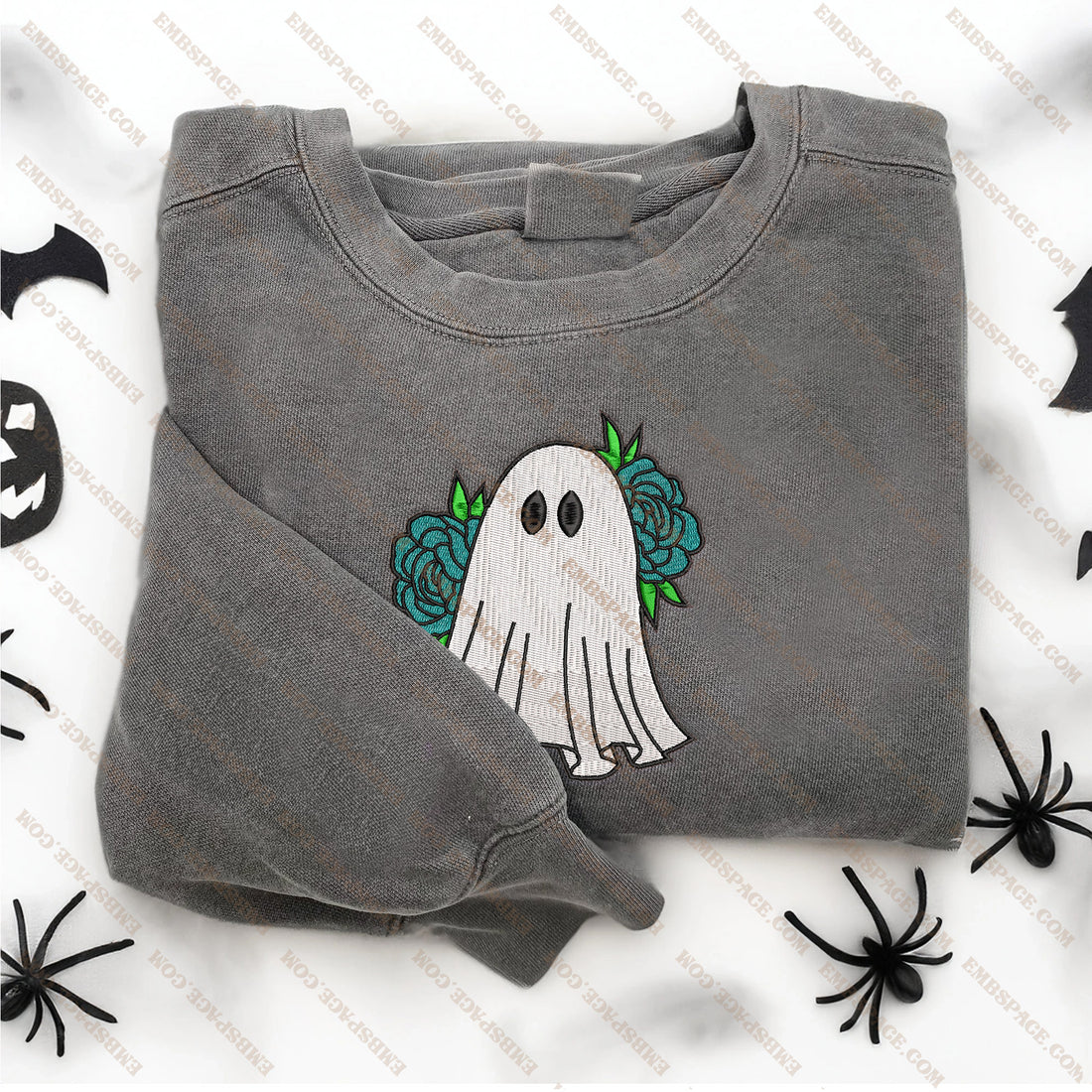 Cute Ghost Flower Embroidery Sweatshirt, Halloween Embroidery Sweatshirt HLW_M1539