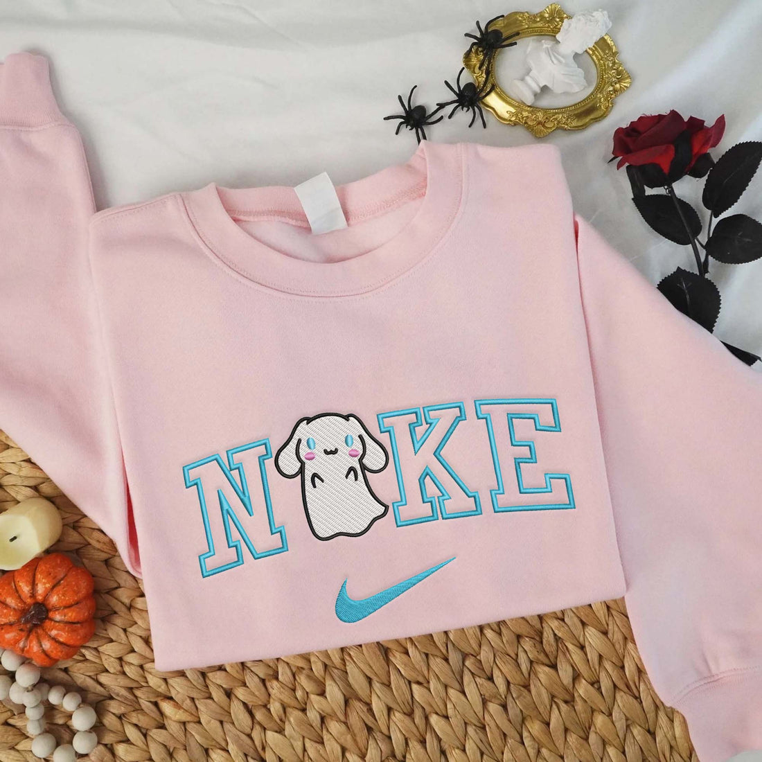N Cat White Ghost Halloween Embroidery Sweatshirt, Halloween Embroidery Sweatshirt HLW_M753