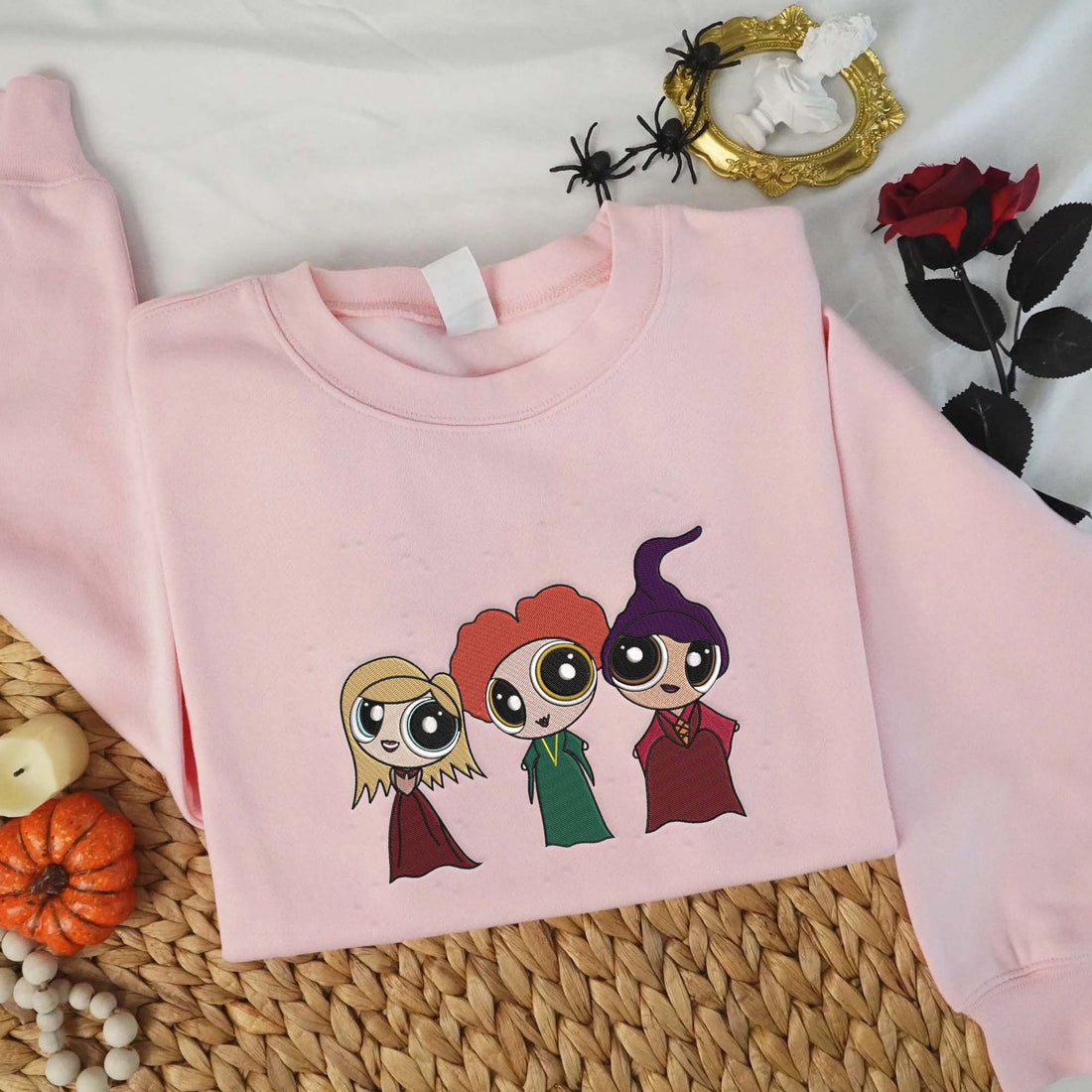 Chibi Cartoon Girls Witch Halloween Sweatshirt, Halloween Embroidery Sweatshirt HLW_M789