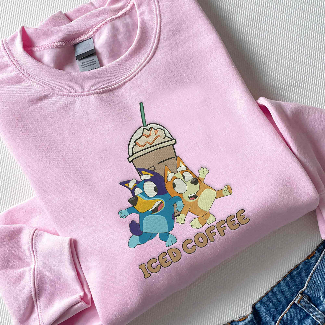 Cute Blue Dog And Iced Coffee Embroidery Sweatshirt, Custom Mama With Kids Names Sweatshirt B_M51