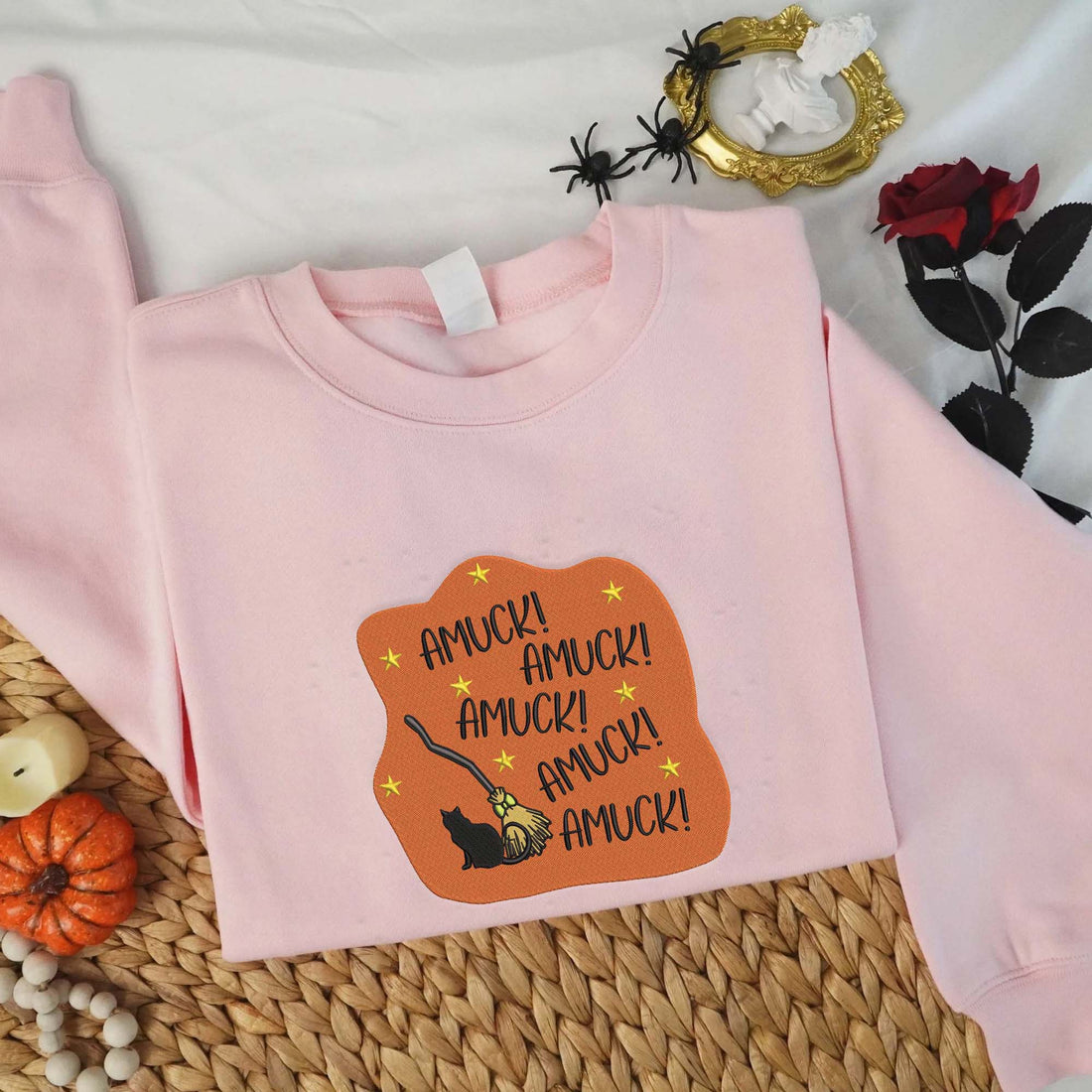 Amuck Amuck Amuck Cat and Broom Sweatshirt, Halloween Embroidery Sweatshirt HLW_M779
