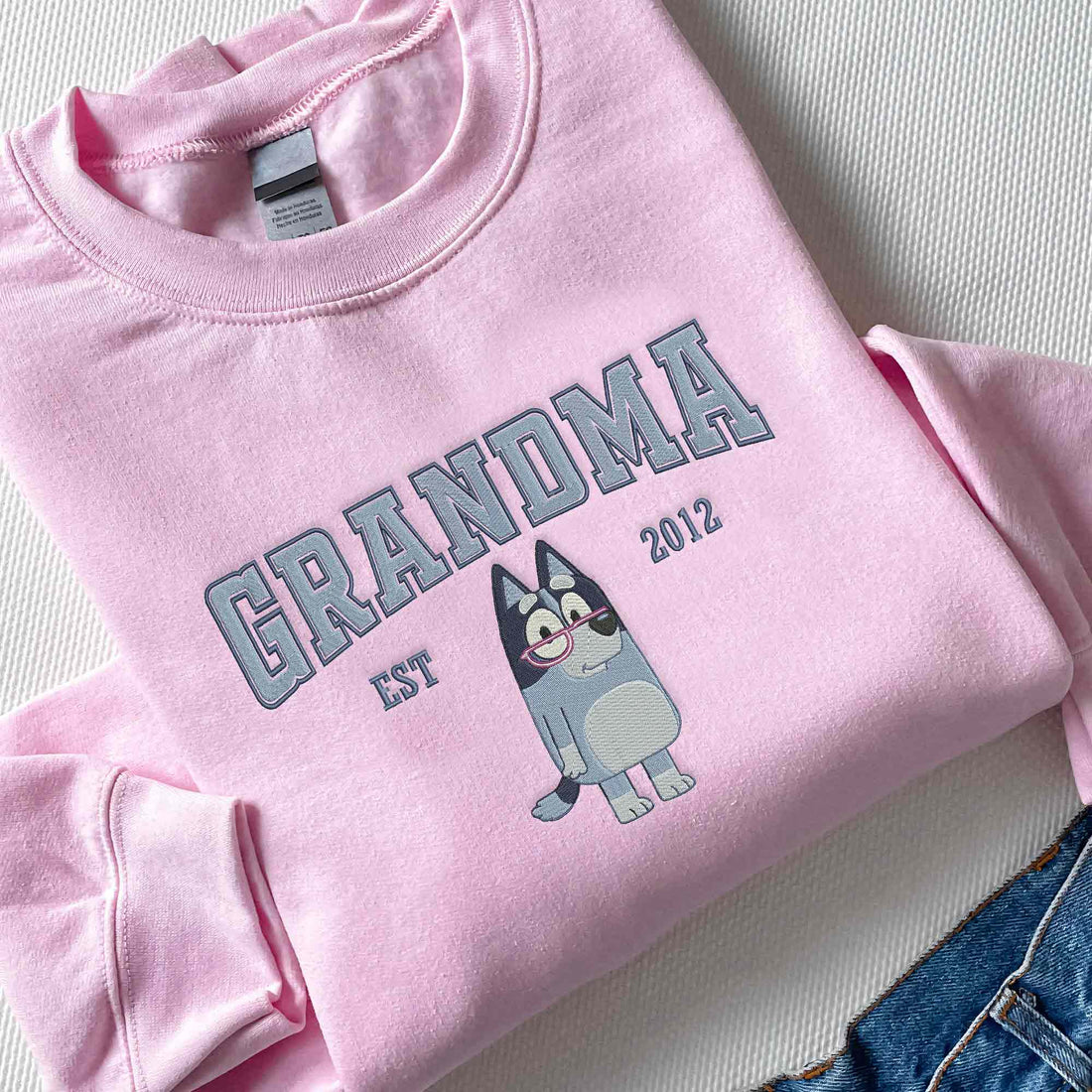 Cute Blue Dog Grandma Embroidery Sweatshirt, Custom Kids Name on Sleeve Sweatshirt B_M47