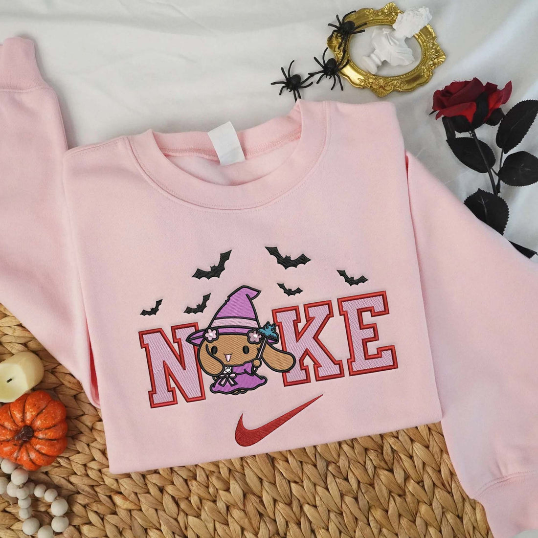 N Pink Dog with Bat Sweatshirt, Halloween Embroidery Sweatshirt HLW_M692
