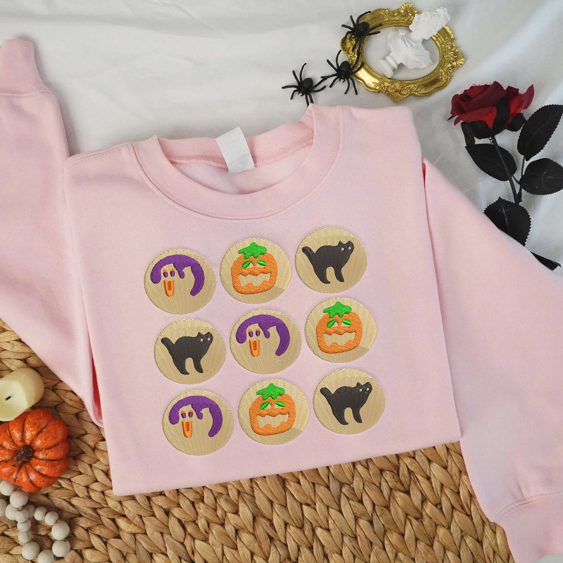 Cat and Pumpkin Embroidery Sweatshirt, Halloween Embroidery Sweatshirt HLW_M259