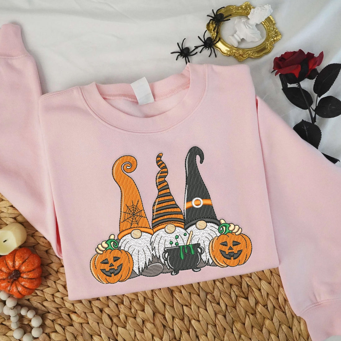 Gnomes and Pumpkin Halloween Sweatshirt, Halloween Embroidery Sweatshirt HLW_M252