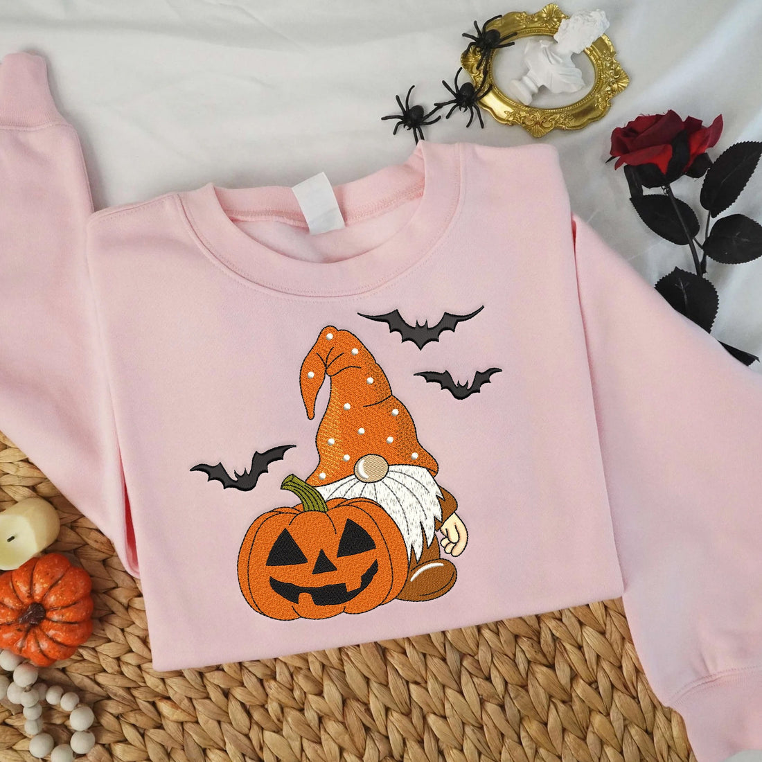 Gnome and Pumpkin Embroidery Sweatshirt, Halloween Embroidery Sweatshirt HLW_M251
