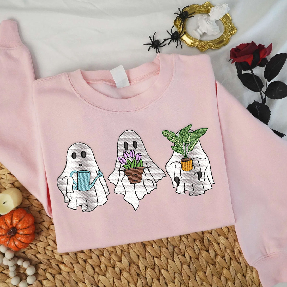 Three Ghosts with Plant Embroidery Sweatshirt, Halloween Embroidery Sweatshirt HLW_M176