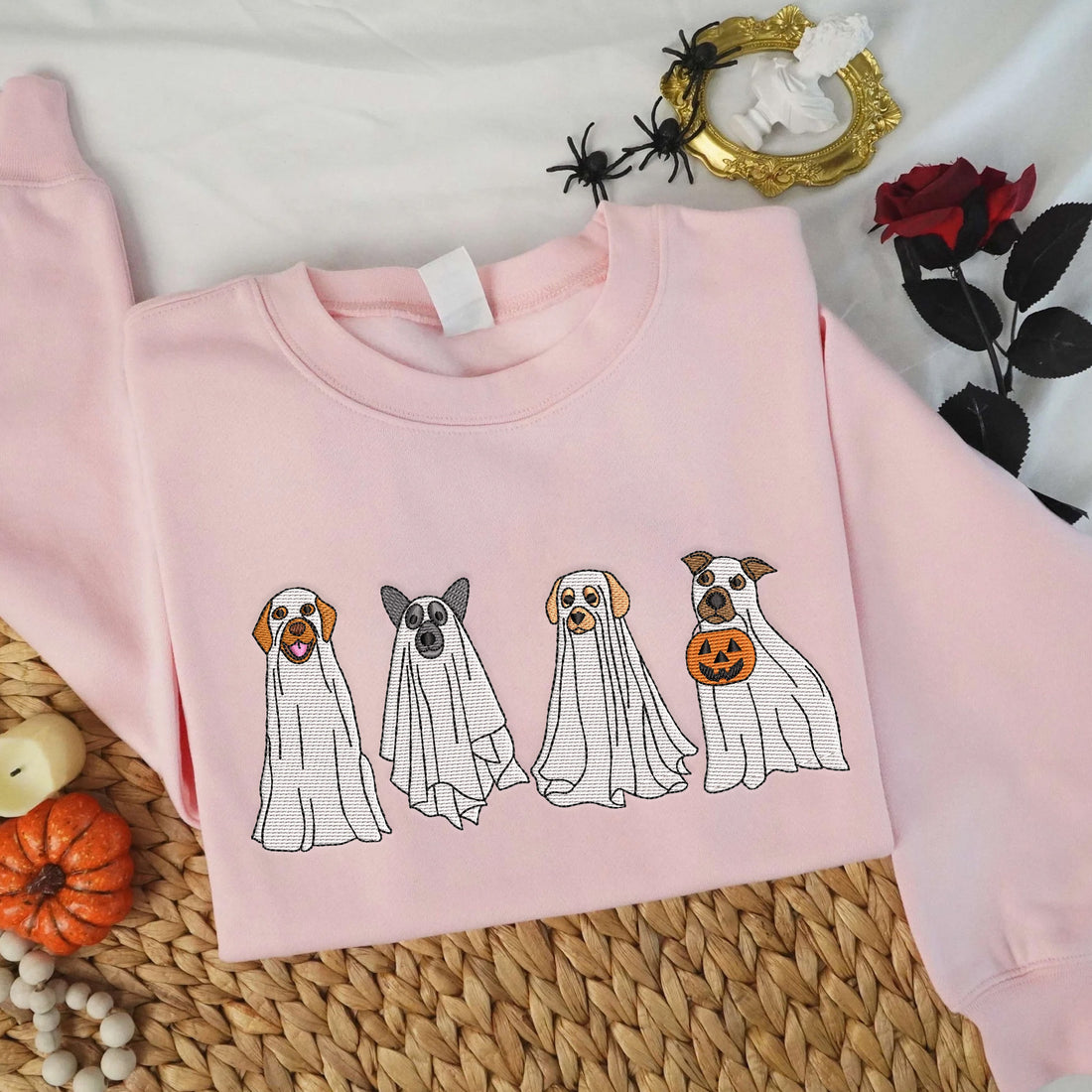 Four Dog Ghost Halloween Sweatshirt, Halloween Embroidery Sweatshirt HLW_M164