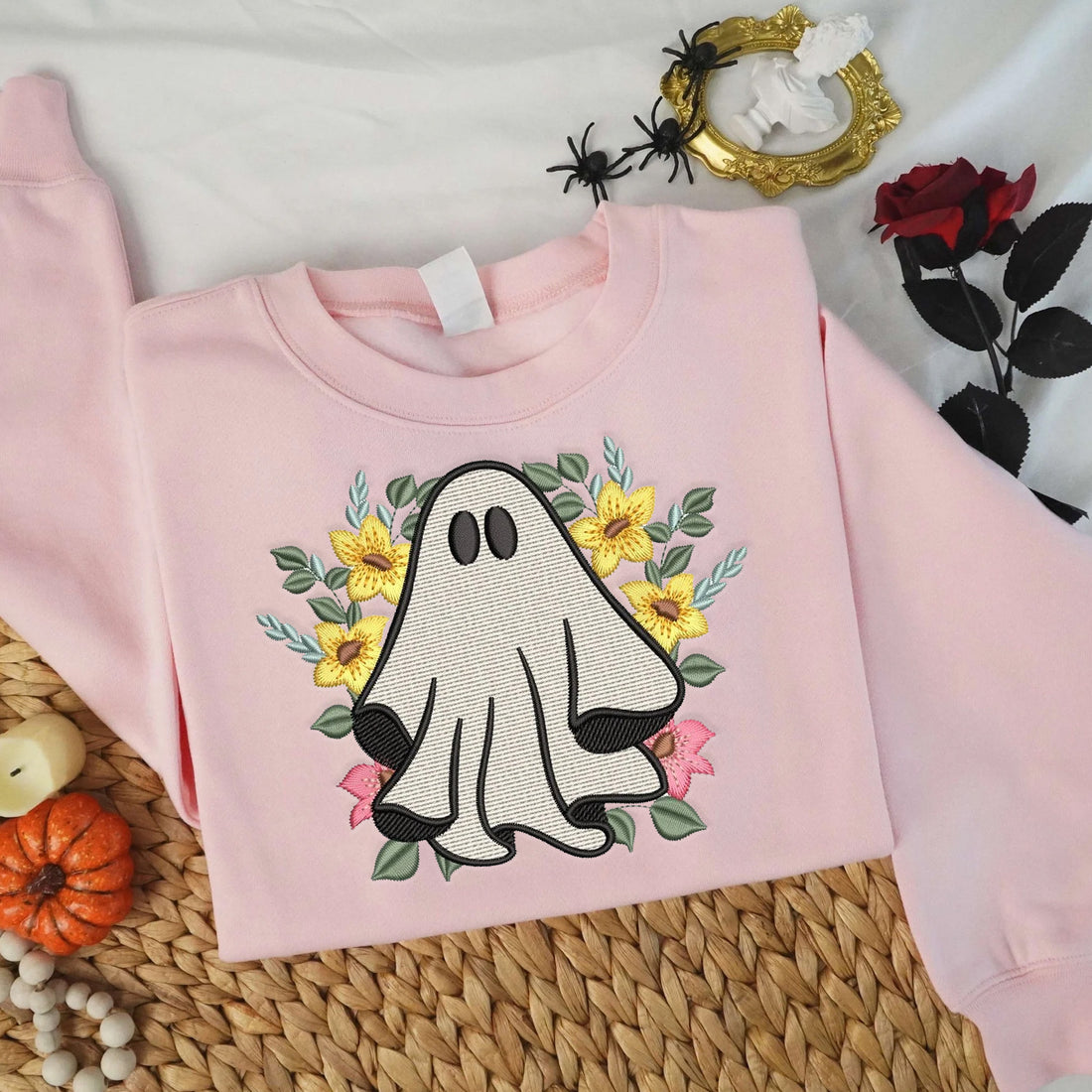 Floral Ghost Halloween Sweatshirt, Halloween Embroidery Sweatshirt HLW_M170