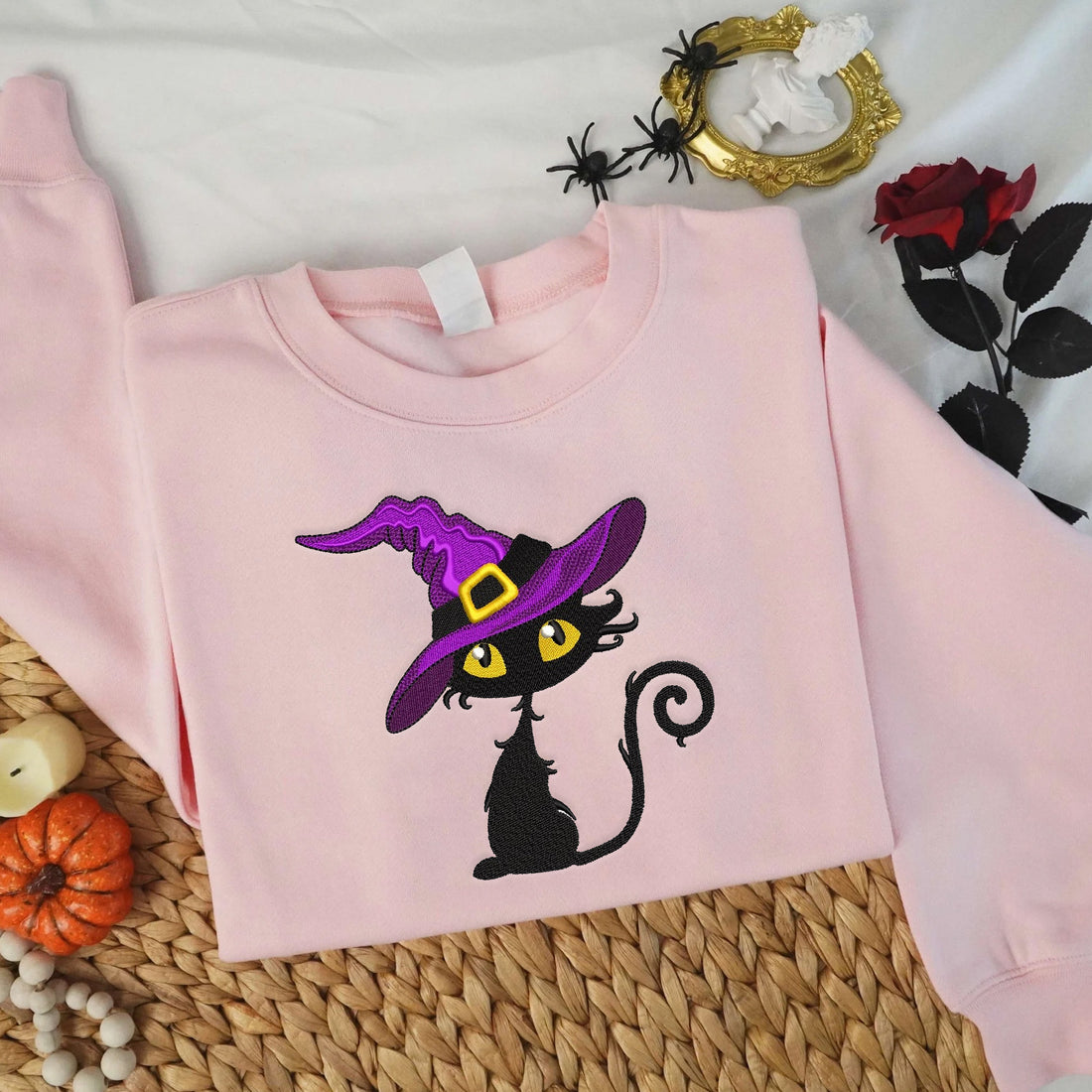 Witch Cat Halloween Embroidery Sweatshirt, Halloween Embroidery Sweatshirt HLW_M246