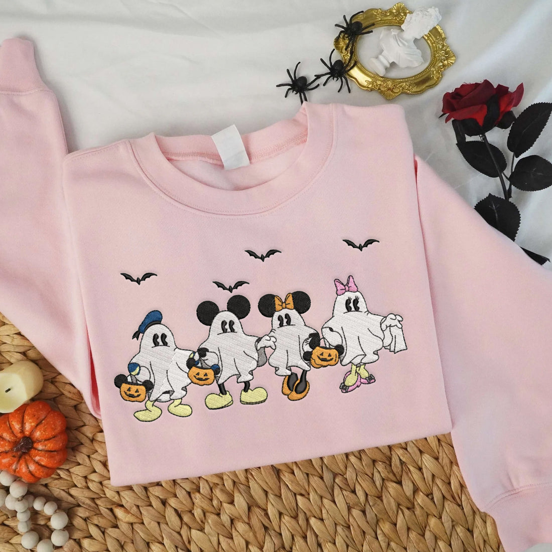 Mouse And Friend Ghost Embroidered Sweatshirt, Halloween Embroidery Sweatshirt HLW_M128