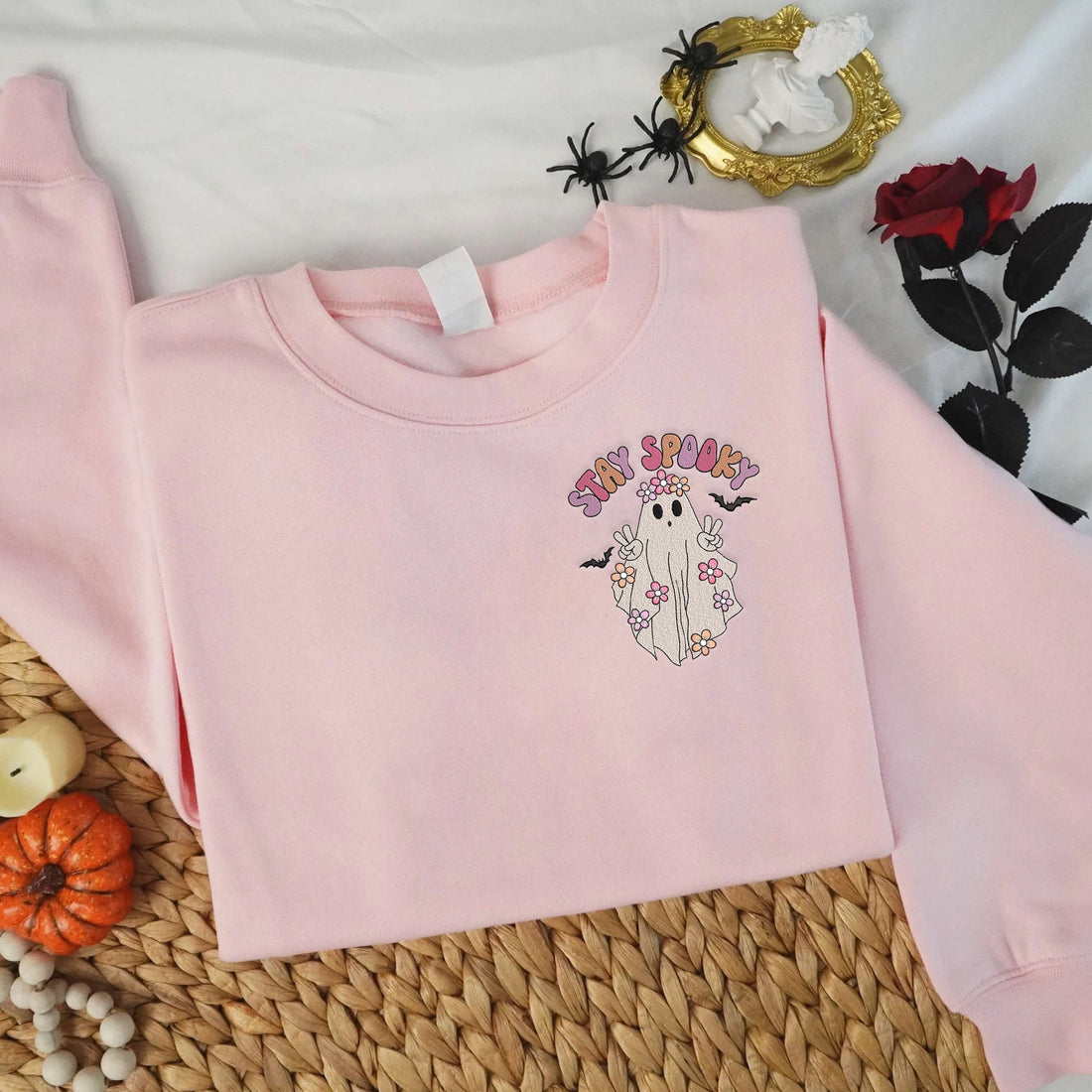 Stay Spooky Ghost Embroidery Sweatshirt, Halloween Embroidery Sweatshirt HLW_M163