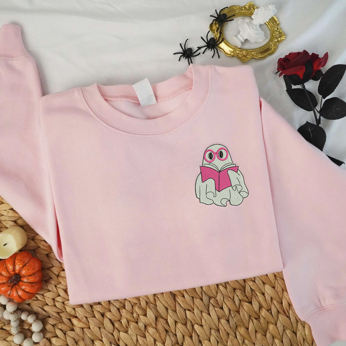 Little Ghost Reading Book Embroidery Sweatshirt, Halloween Embroidery Sweatshirt HLW_M172