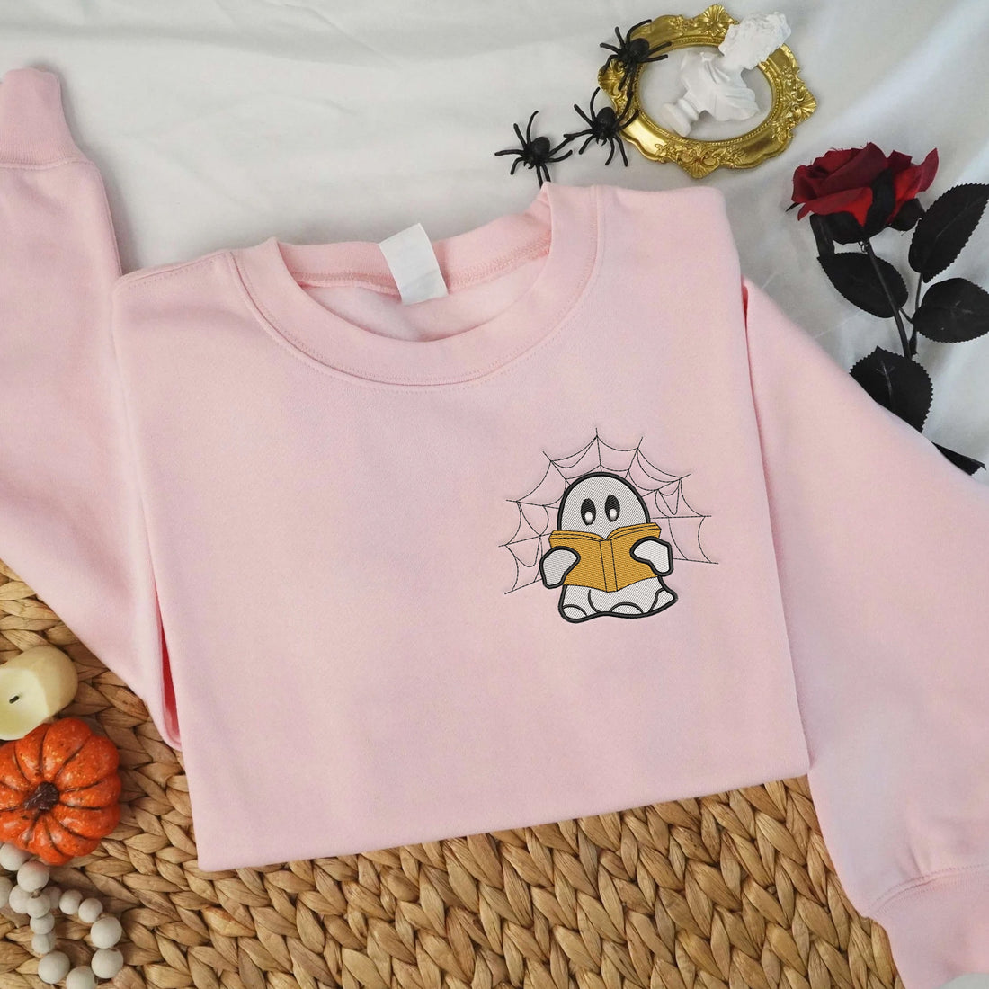 Cute Ghost Reading Book Embroidery Sweatshirt, Halloween Embroidery Sweatshirt HLW_M180