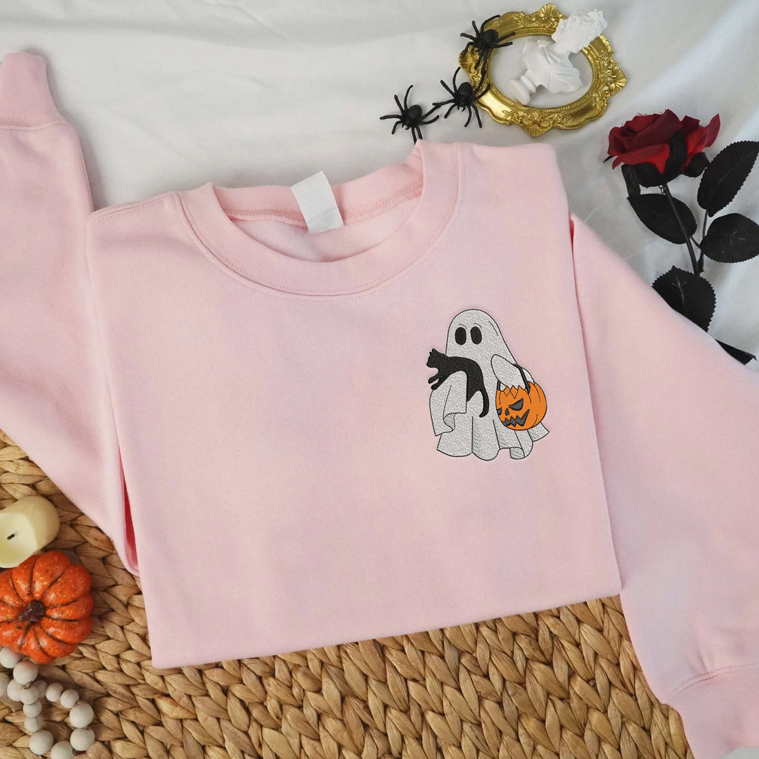 Ghost with Cat Embroidery Sweatshirt, Halloween Embroidery Sweatshirt HLW_M173