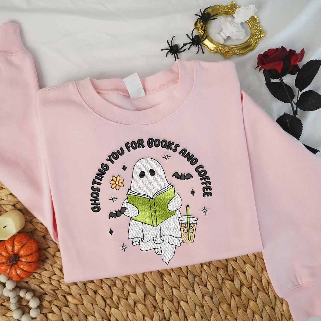 Ghosting You for Books and Coffee Sweatshirt, Halloween Embroidery Sweatshirt HLW_M168
