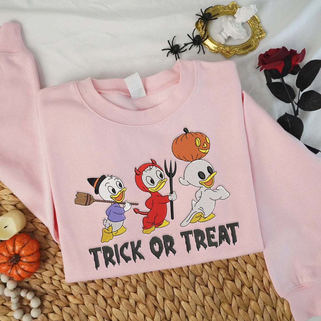 Duck And Friend Trick Treat Sweatshirt, Halloween Embroidery Sweatshirt HLW_M695