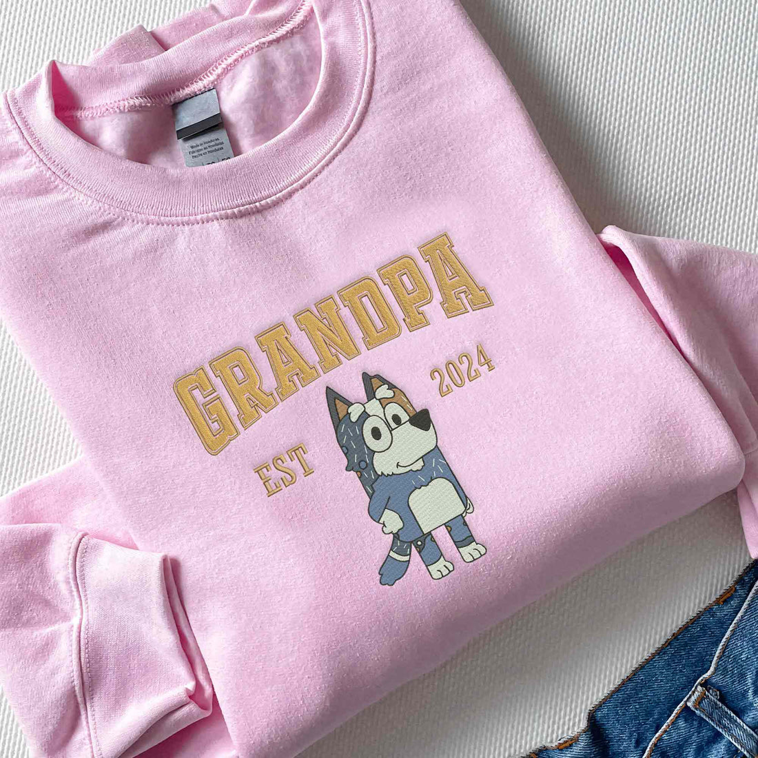 Cute Blue Dog Grandpa Embroidery Sweatshirt, Custom Kids Name on Sleeve Sweatshirt B_M48