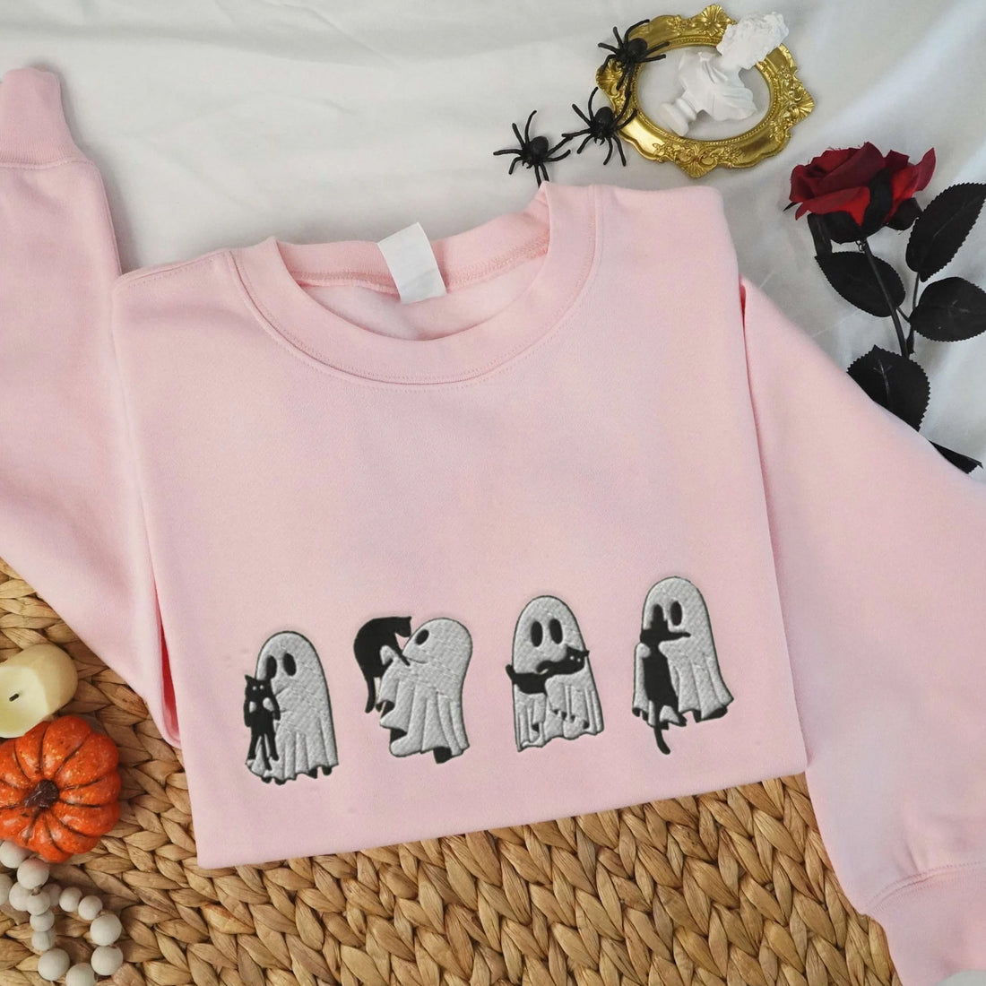 Ghost Holds Cats Halloween Sweatshirt, Halloween Embroidery Sweatshirt HLW_M364
