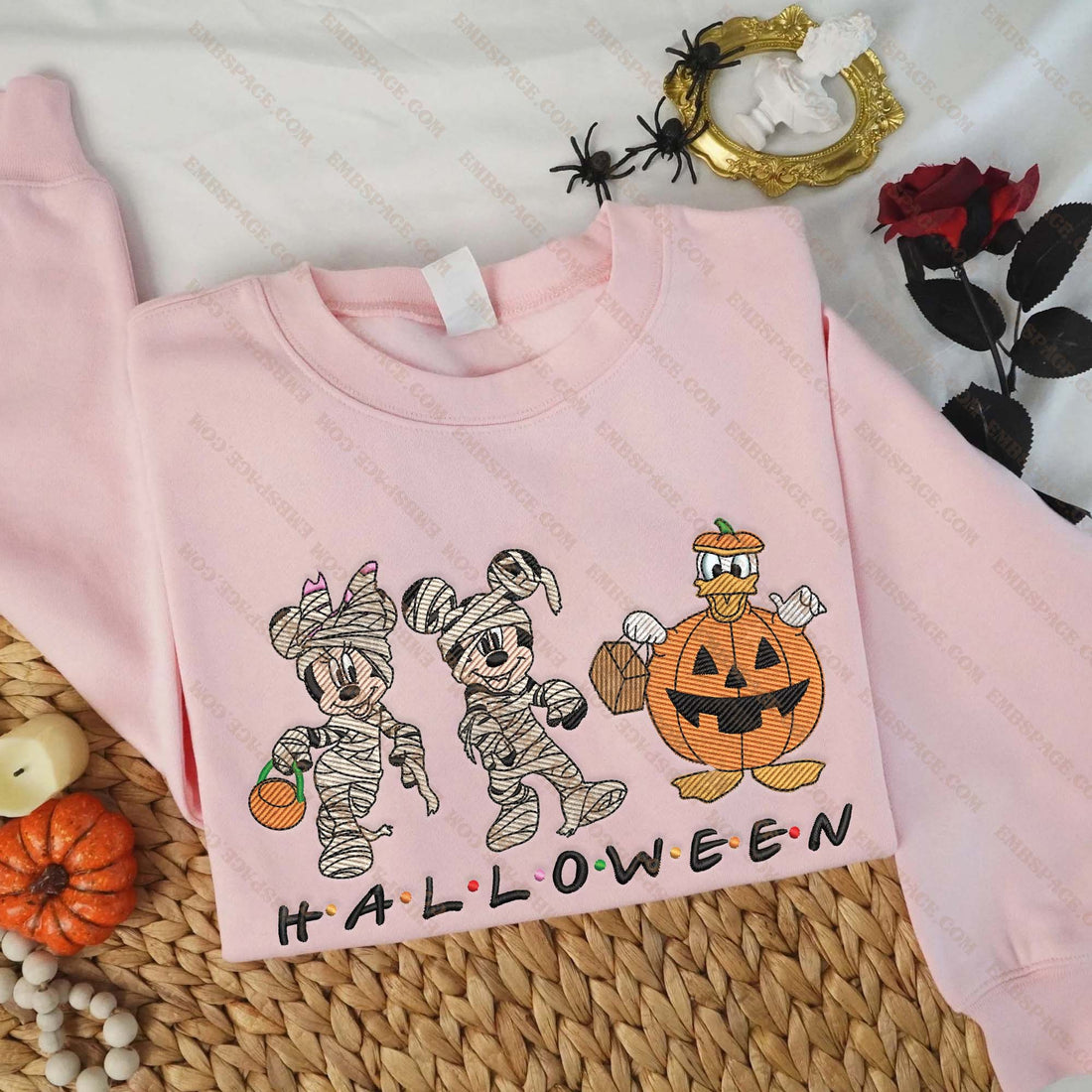 Cartoon Mouse Couple And Duck Pumpkin Halloween Embroidery Sweatshirt, Halloween Embroidery Sweatshirt HLW_M1516