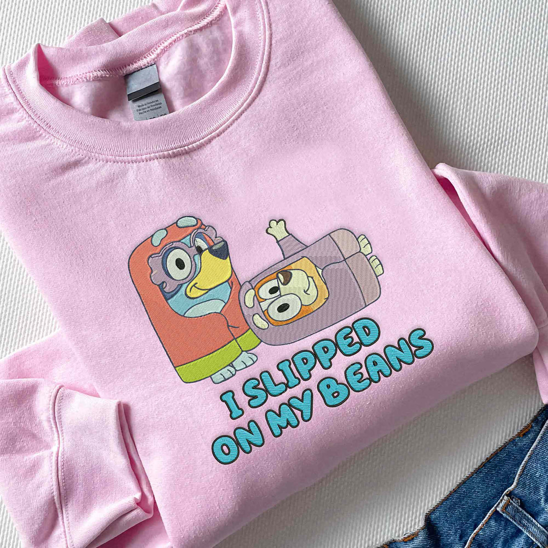 I Slipped On My Beans Sweatshirt, Family Blue Dog Embroidery  Sweatshirt B_M79