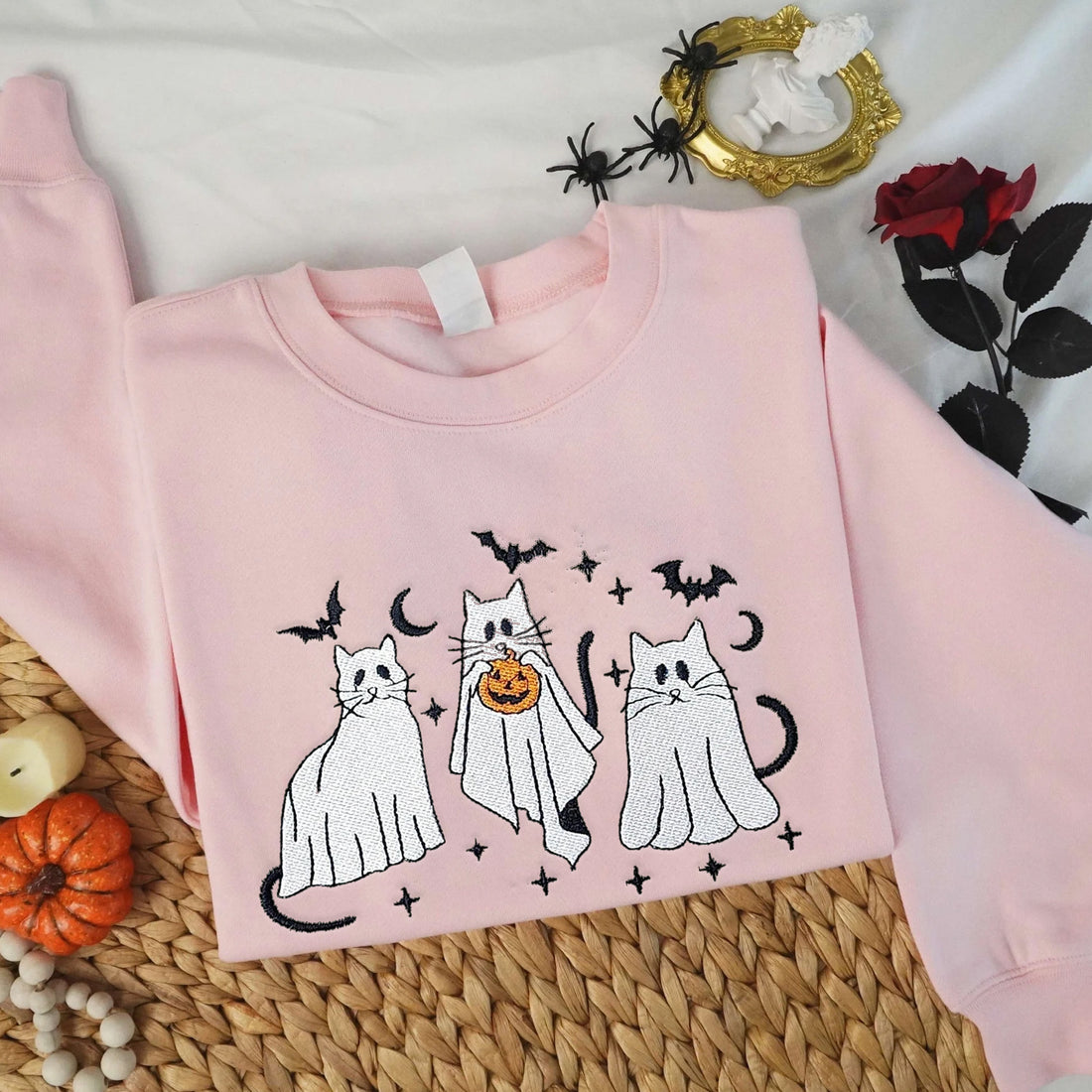 Ghost Cat Halloween Embroidery Sweatshirt, Halloween Embroidery Sweatshirt HLW_M355