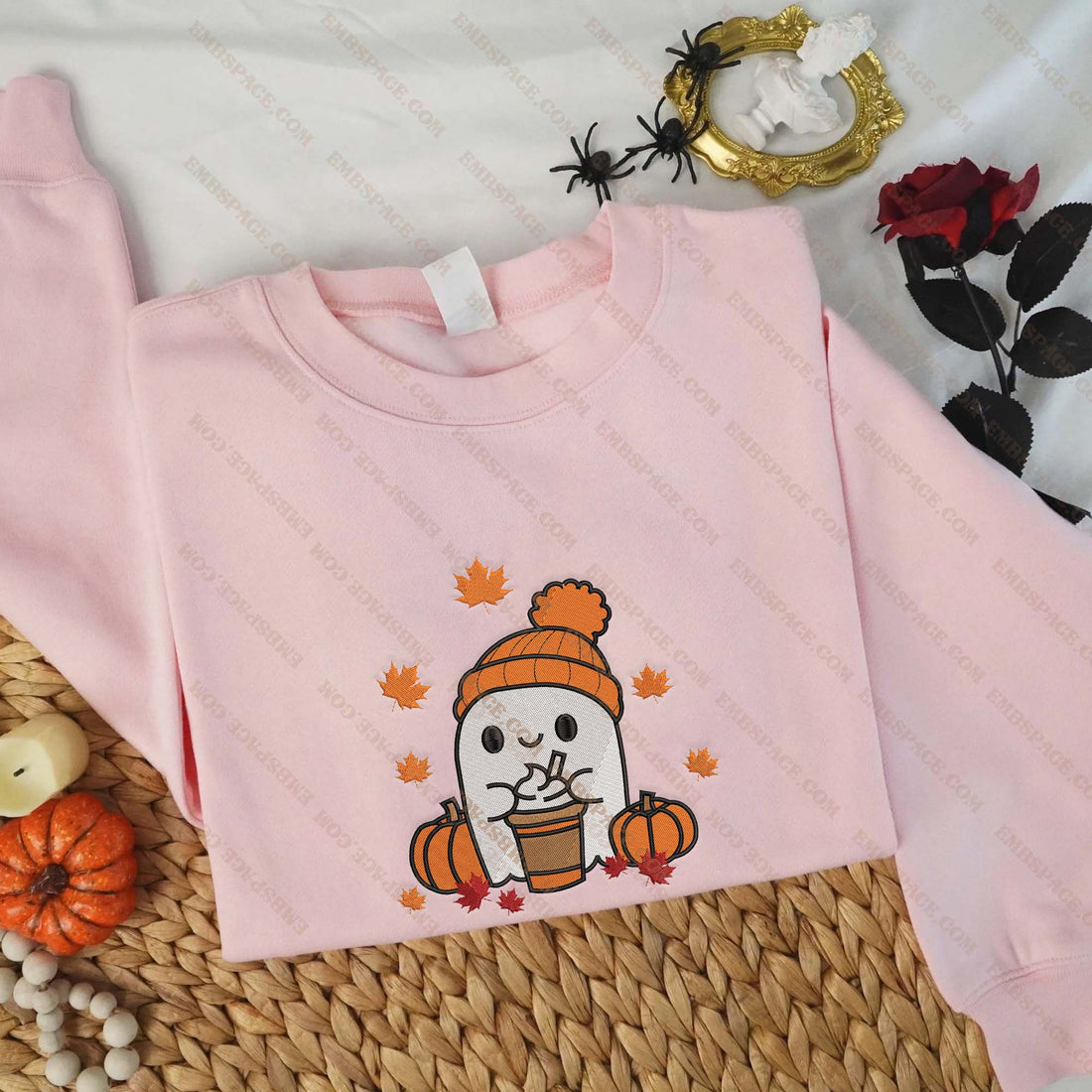 Halloween Cute Ghost Drink And Pumpkin Embroidery Sweatshirt, Halloween Embroidery Sweatshirt HLW_M1499