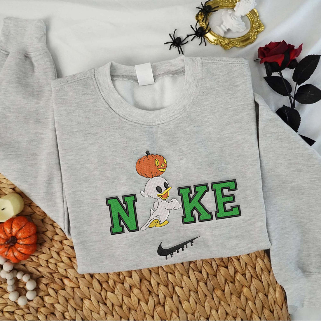N Duck Ghost with Pumpkin Halloween Sweatshirt, Halloween Embroidery Sweatshirt HLW_M758