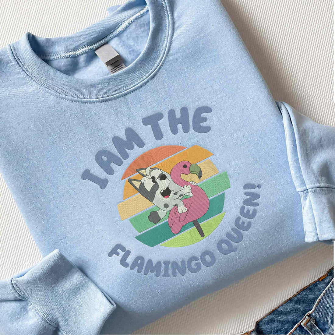I'm The Flamingo Queen Sweatshirt, Cute Blue Dog Embroidery Sweatshirt B_M65